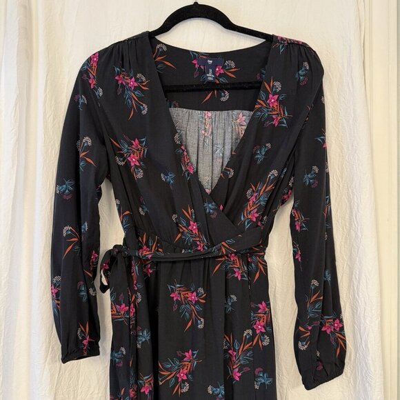 GAP Black Wrap Dress With Pink Floral Print Long Sleeve Size Small Church - Picture 9 of 13